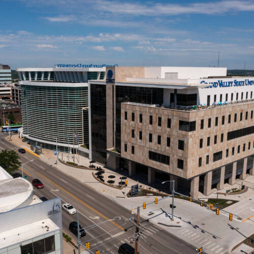 drone photo of CHS and DCIH on Michigan Street in Grand Rapids, Medical Mile